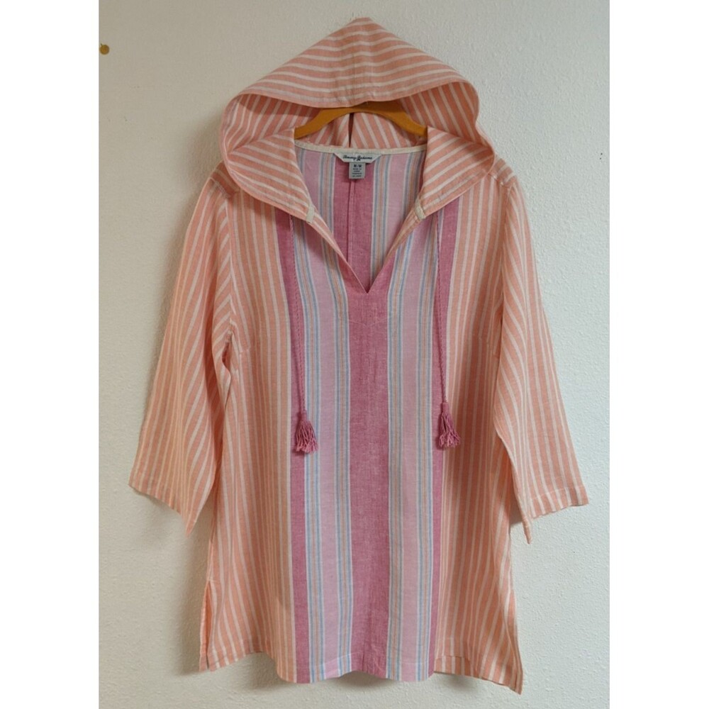Women's TOMMY BAHAMA Striped Hooded "Lovely Lanes" Linen Blend Baja Top M - Picture 2 of 16
